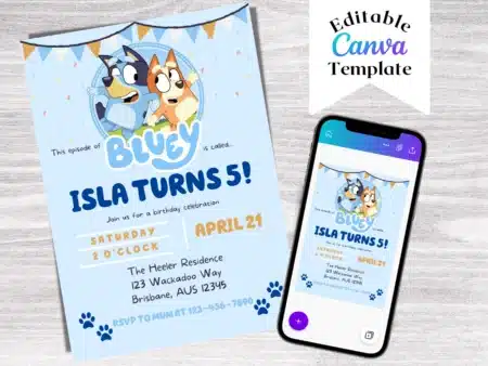 Editable Bluey Birthday Invitation Template - Canva Design: A customizable digital invitation template for a Bluey birthday party, designed in Canva