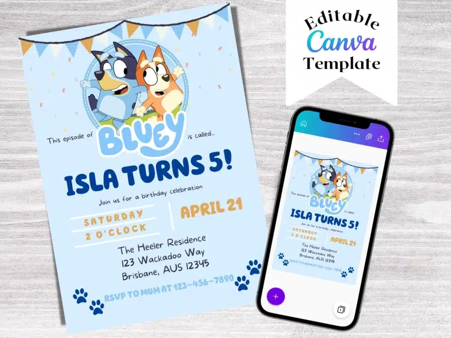 Editable Bluey Birthday Invitation Template - Canva Design: A customizable digital invitation template for a Bluey birthday party, designed in Canva
