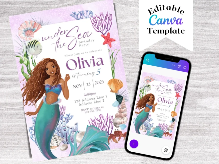 Little Mermaid Birthday Invitation Template | Editable | Printable | Instant Download